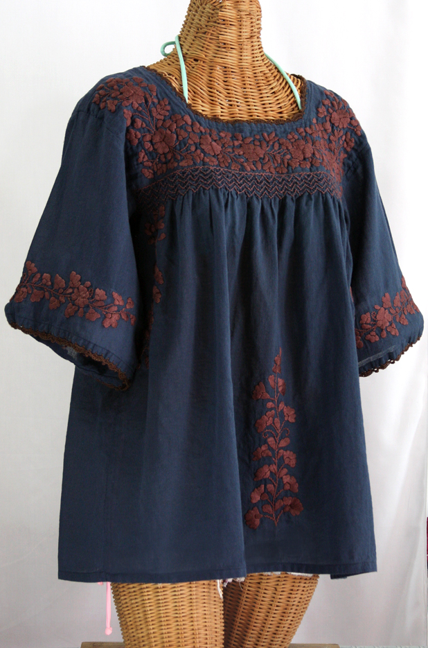 "La Marina" Embroidered Mexican Blouse - Navy + Brown Embroidery