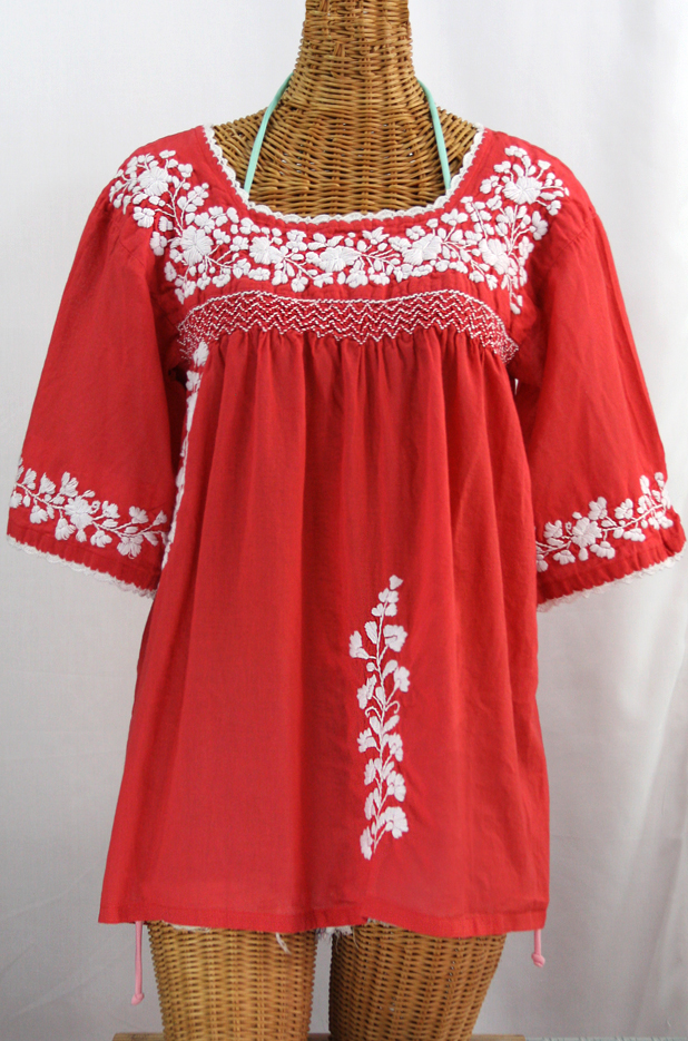 "La Marina" Embroidered Mexican Blouse - Tomato Red + White Embroidery